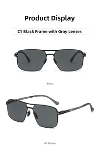 Front and 45-degree angle views of black square polarized sunglasses with metal temples