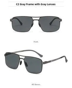 Front and side view of square polarized sunglasses with gray frames and metal double bridge