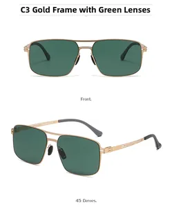 Front and 45-degree angle views of square gold frame sunglasses with green polarized lenses