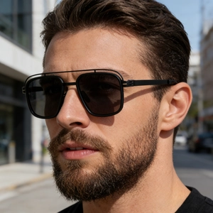 Close-up of men's square polarized sunglasses with a double-bridge matte black frame
