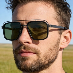 Detail of square polarized sunglasses with metal double bridge on male model outdoors