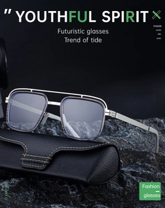 Futuristic square metal sunglasses with double bridge and a textured black storage case
