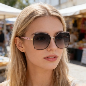Fashionable square polarized sunglasses for women with gold hollow H-logo temples