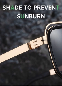 Detailed close-up of double-striped metal hinge on square polarized men's sunglasses
