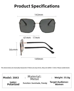 Dimensional diagram showing square polarized sunglasses with specific frame and lens measurements