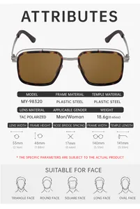 Detailed sizing chart and specifications for polarized sunglasses with dual bridge design