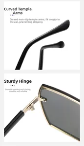 Detail view of durable metal hinges and curved temples on square polarized sunglasses