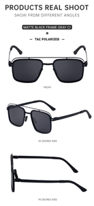 Detailed views of matte black polarised sunglasses with double bridge and gray TAC lenses