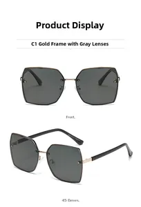 Detailed front and 45-degree view of rimless hexagonal sunglasses with gray lenses