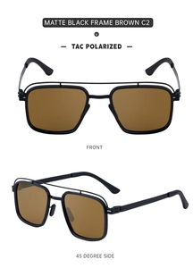 Detail view of matte black polarized sunglasses with brown lenses and double bridge design