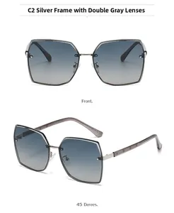 Detail view of square polarized sunglasses featuring silver metal bridge and gradient lenses