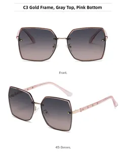 Detail of rimless gradient gray-pink sunglasses with gold-tone H-pattern temple arms