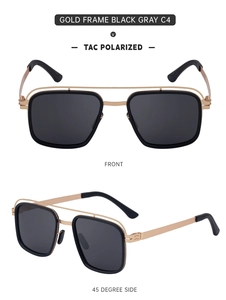 Detail view of gold frame polarized sunglasses with TAC black gray lenses and double bridge