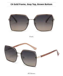 Detail view of rimless square sunglasses with gradient lenses and H-pattern temples