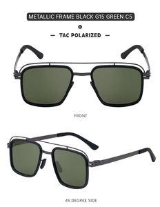 Front and side view of square double-bridge polarized sunglasses with metal frame
