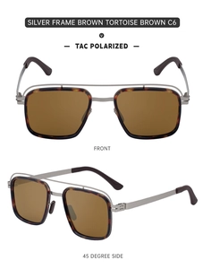 Polarized square sunglasses with double-bridge silver metal frame and tortoise accents