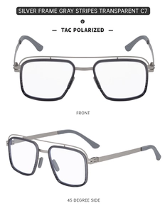 Detail view of silver square polarized sunglasses with double bridge and TAC lenses