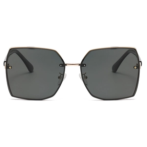 Fashionable rimless geometric sunglasses with black lenses and gold-tone metal studs
