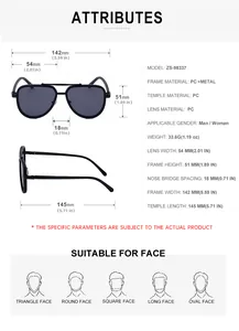 Detailed size chart for retro aviator sunglasses with frame and lens measurements