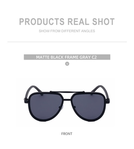 Front view of matte black pilot sunglasses with dark grey lenses and reinforced bridge
