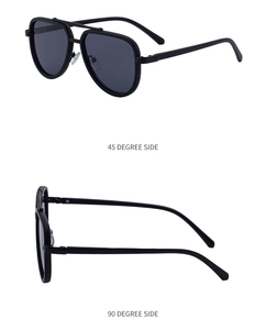 Dual-bridge aviator sunglasses with matte black frames shown from 45 and 90 degree side views