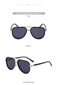 Front and side view of pilot sunglasses with black gold frames and dark grey lenses