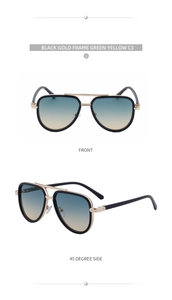 Front and 45-degree side view of pilot sunglasses with black gold frames and yellow lenses
