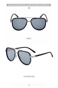 Detail of pilot sunglasses featuring silver star pattern coating on lenses and mixed frames