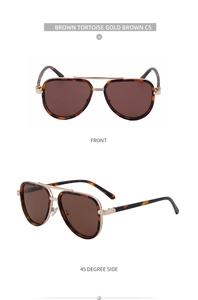 Front and 45-degree side views of brown tortoise aviator sunglasses with gold metal bars