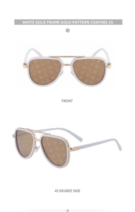 Detail of white and gold pilot sunglasses with starry lens pattern from two angles
