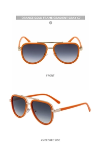 Front and 45-degree side views of aviator sunglasses with orange frames and gradient lenses