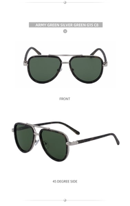 Detail of aviator sunglasses featuring army green camo texture and silver metal double bridge
