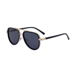 Classic aviator sunglasses with black and gold metal frames and dark grey lenses