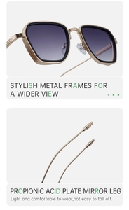 Close-up of golden metal temples with lightweight propionic acid plate tips for men sunglasses