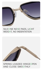 Detail of silicone nose pads and spring hinges on premium metal sunglasses