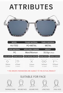Detailed sizing chart for square sunglasses with metal temples and PC frame dimensions