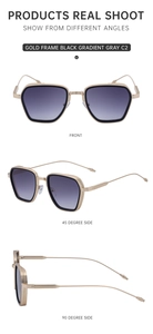Three-angle views showing black gradient lenses and golden metal temples of the sunglasses