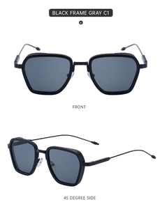 Front and 45-degree side views of black square sunglasses with slim metal temples