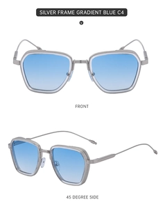 Front and 45-degree side views of silver frame sunglasses with gradient blue lenses