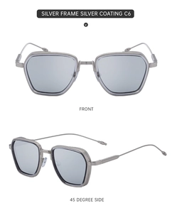 Detailed views showing square silver metal frame sunglasses and mirrored lenses from multiple angles