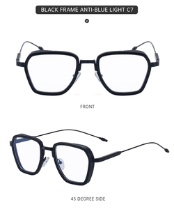 Front and 45-degree side view of matte black anti-blue light glasses with metal temples