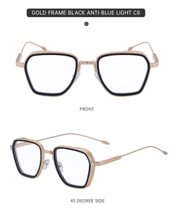 Detailed front and side views of luxury hexagonal gold metal frame blue light blocking glasses