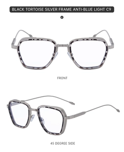 Detail view of C9 silver metal glasses frame with black tortoise accents and thin temples