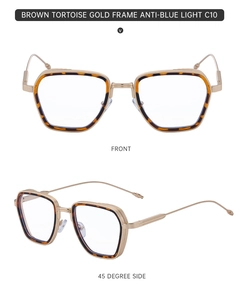 Detailed front and side view of brown tortoise square glasses with gold metal temples