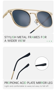 Detail of vintage round metal sunglasses with gold frames and propionic acid temple tips