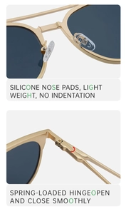 Close-up of flexible silicone nose pads and durable spring hinges on metal sunglasses