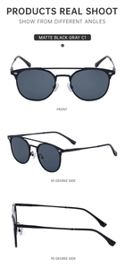 Detailed multi-angle views of matte black polarized sunglasses with dual bridge metal frames