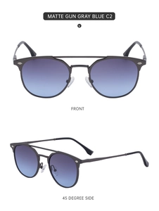 Front and side view of matte gun gray metal sunglasses with blue gradient lenses