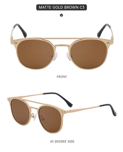 Detail of matte gold sunglasses with brown lenses and metal spring hinges for men