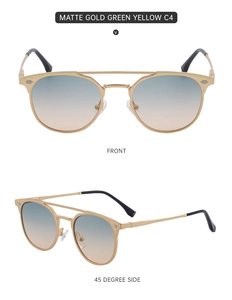 Front and side views of matte gold metal frame sunglasses with gradient tinted lenses